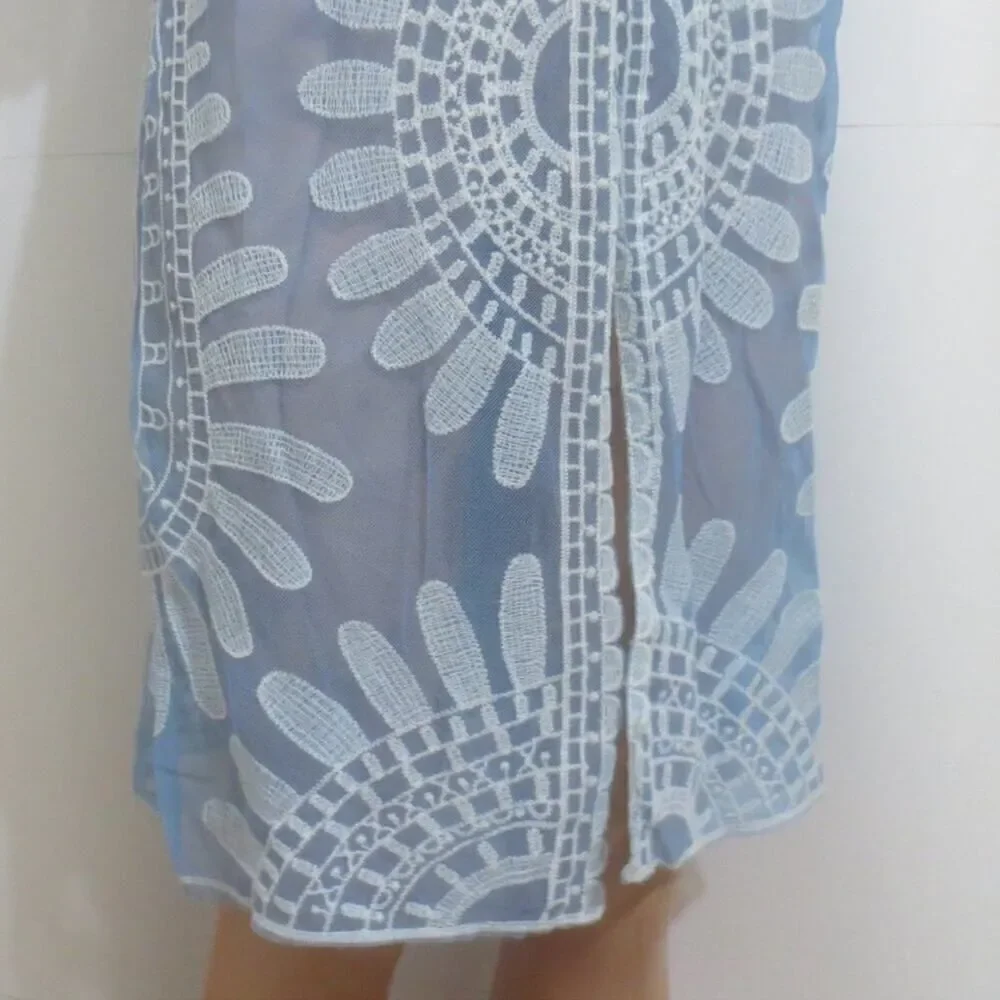 Rebellion Again Blue & White Lace Cover Up Kimono in Floral Medallion Sz S NWOT